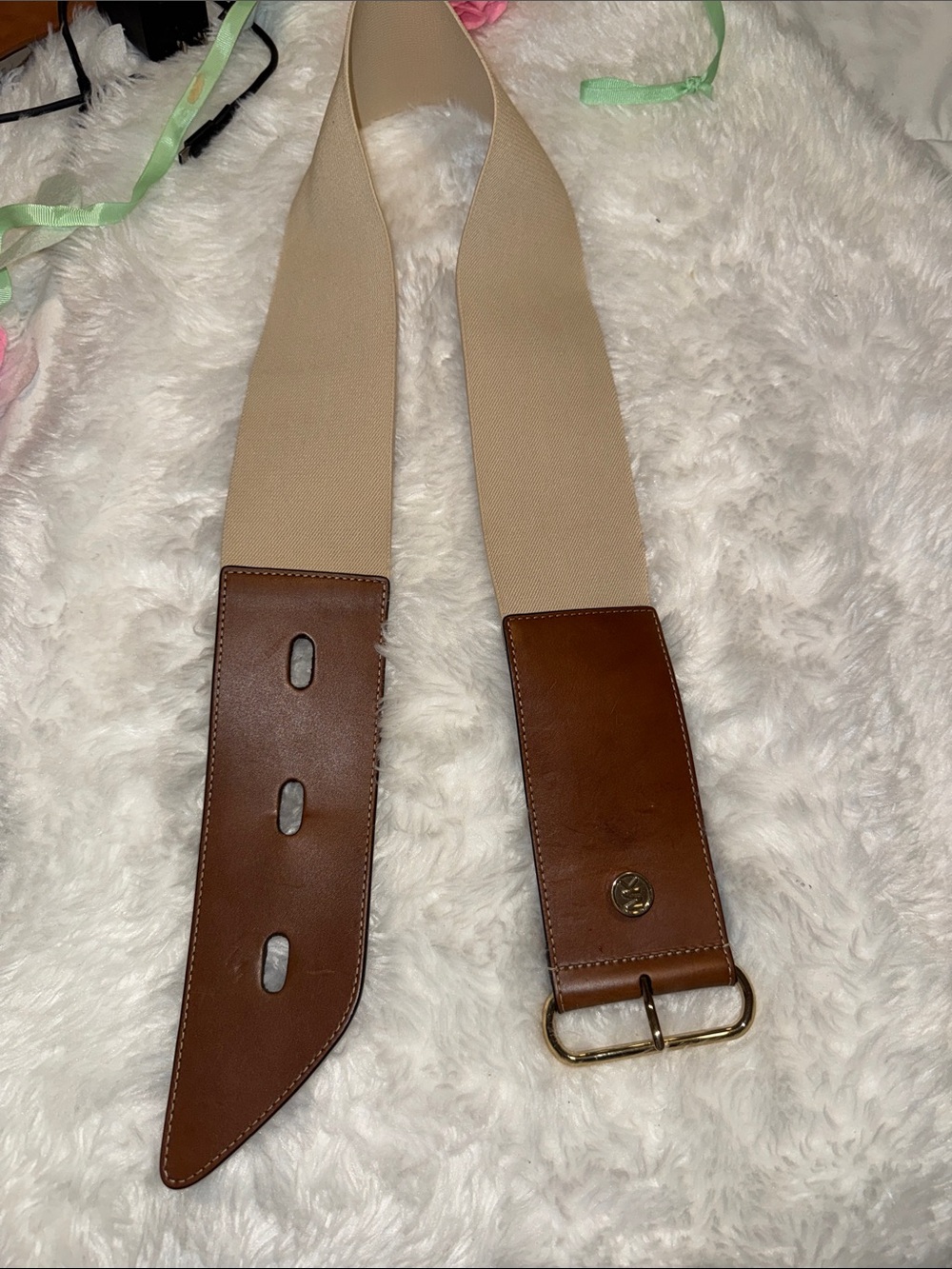 Michael Kors Beige Elastic Belt with Brown Leather Accents and Gold Buckle